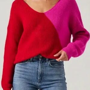 Astr Red and Hot Pink Diagonal Colorblock V-Neck Sweater NWOT